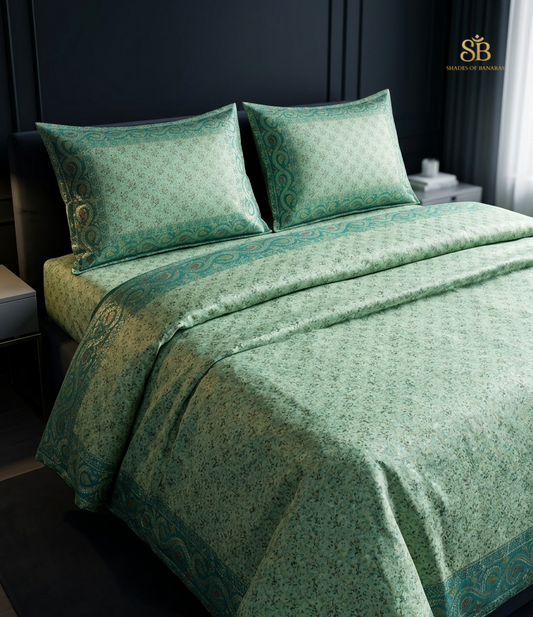 Verde Smeraldo Artigianale Couture Pure Dupion Silk Banarasi Bedcover – authentic Banarasi handloom weave – Shades of Banaras