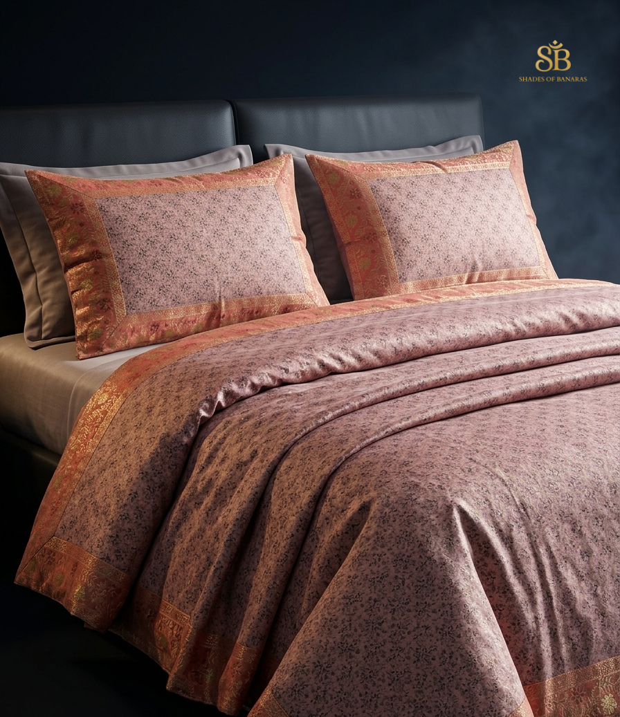 Pesca Dorata Manofatta Couture Pure Dupion Silk Banarasi Bedcover – authentic Banarasi handloom weave – Shades of Banaras