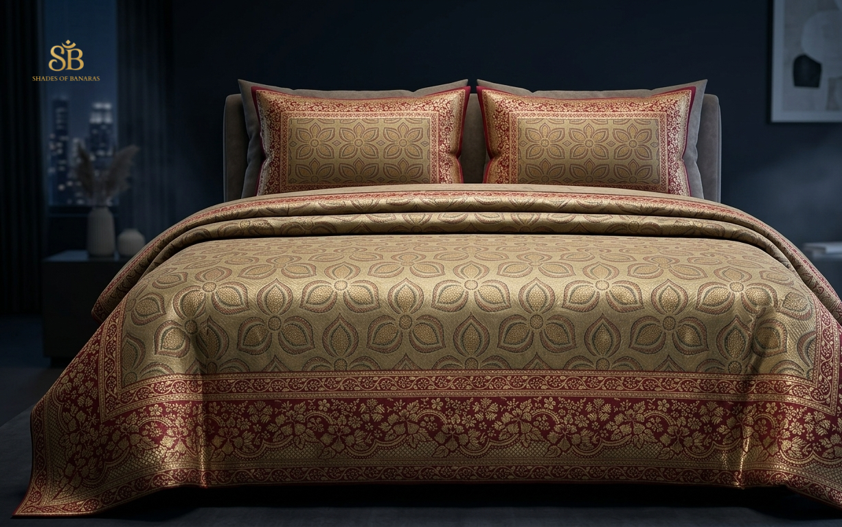 Beige Sontuoso Artigianale Couture Pure Dupion Silk Banarasi Bedcover – authentic Banarasi handloom weave – Shades of Banaras