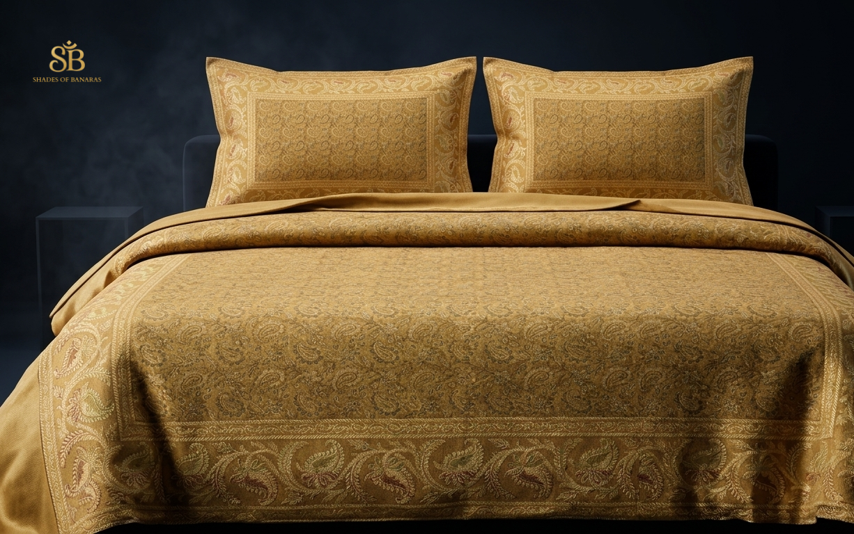 Crema Preziosa Manofatta Couture Pure Dupion Silk Banarasi Bedcover – authentic Banarasi handloom weave – Shades of Banaras
