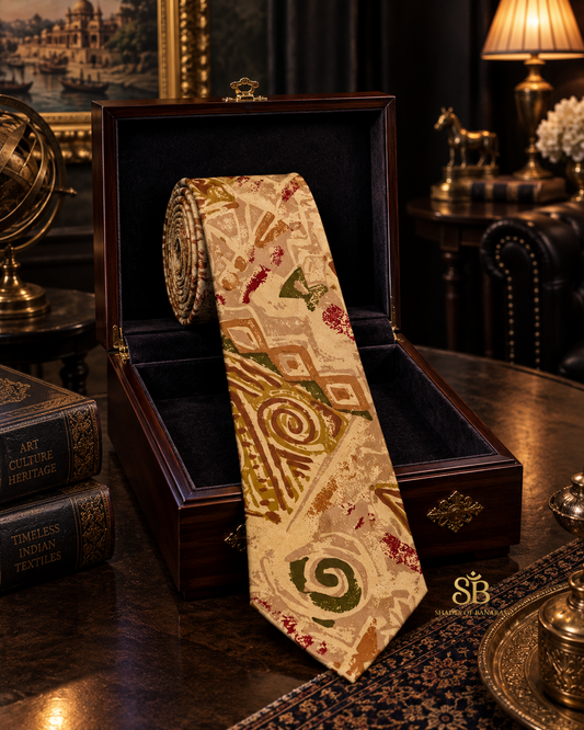 Beige pure silk Banarasi handloom necktie with hand printed abstract tribal design - Shades of Banaras