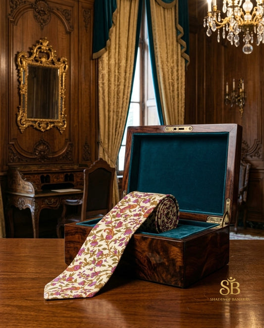 Beige pure silk Banarasi handloom necktie from Varanasi with hand printed floral vine