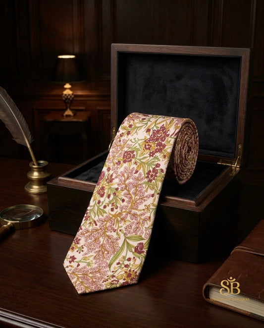 Beige pure silk Banarasi handloom necktie from Varanasi with hand printed floral tree