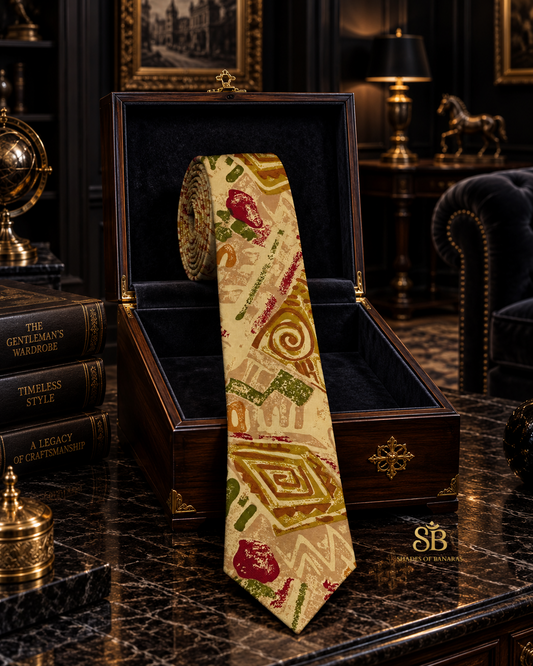 Beige pure silk Banarasi handloom necktie with hand printed tribal motif design - Shades of Banaras