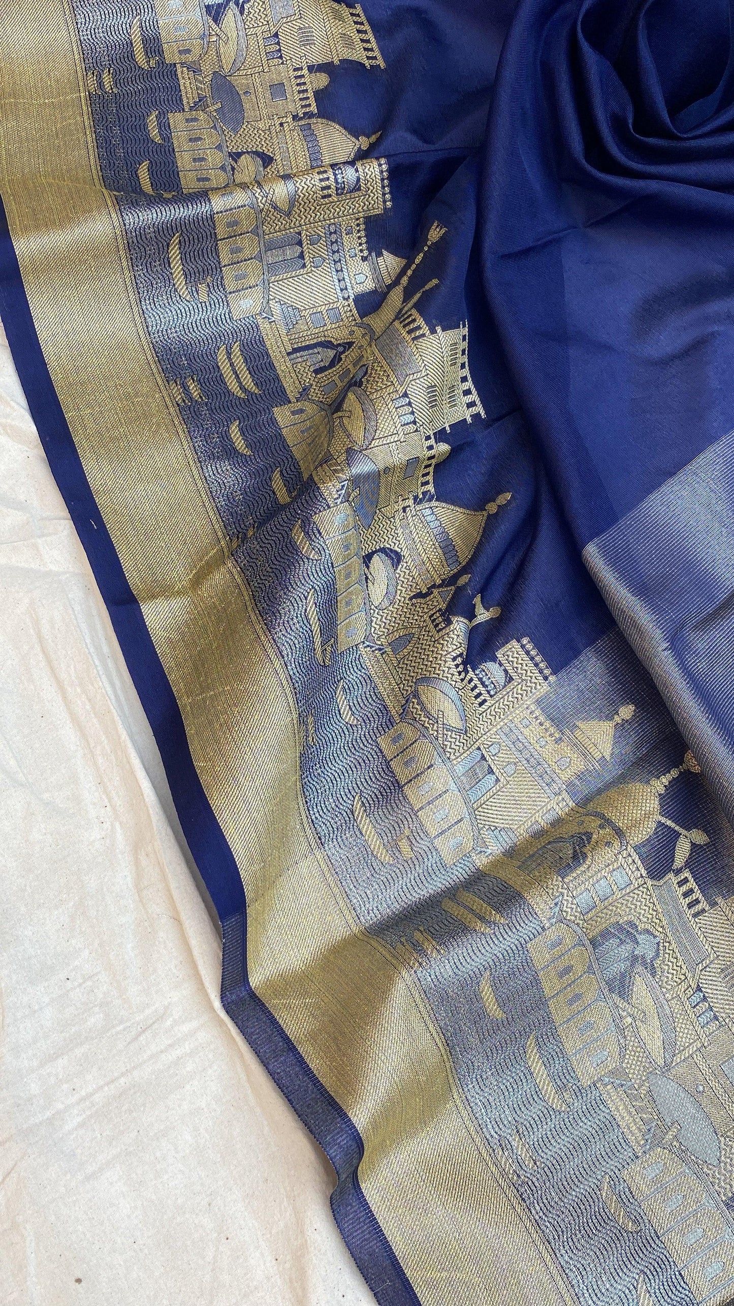 Benares Ghats Blue Pure Cotton Silk Banarasi Sari by Shades Of Benares - banarasi - banarasi saree shop