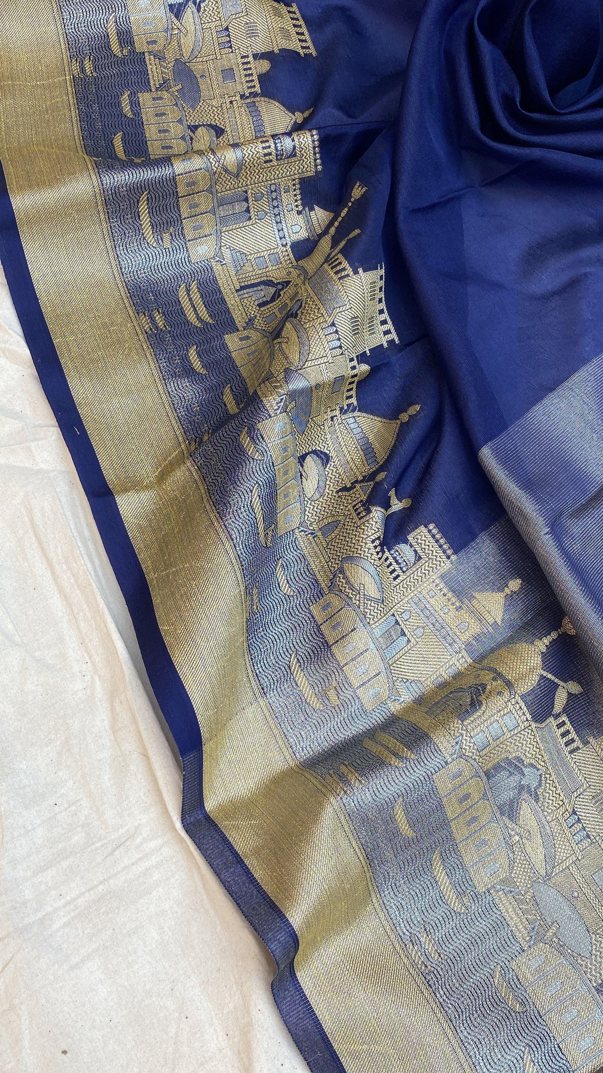 Benares Ghats Blue Pure Cotton Silk Banarasi Sari by Shades Of Benares - banarasi - banarasi saree shop