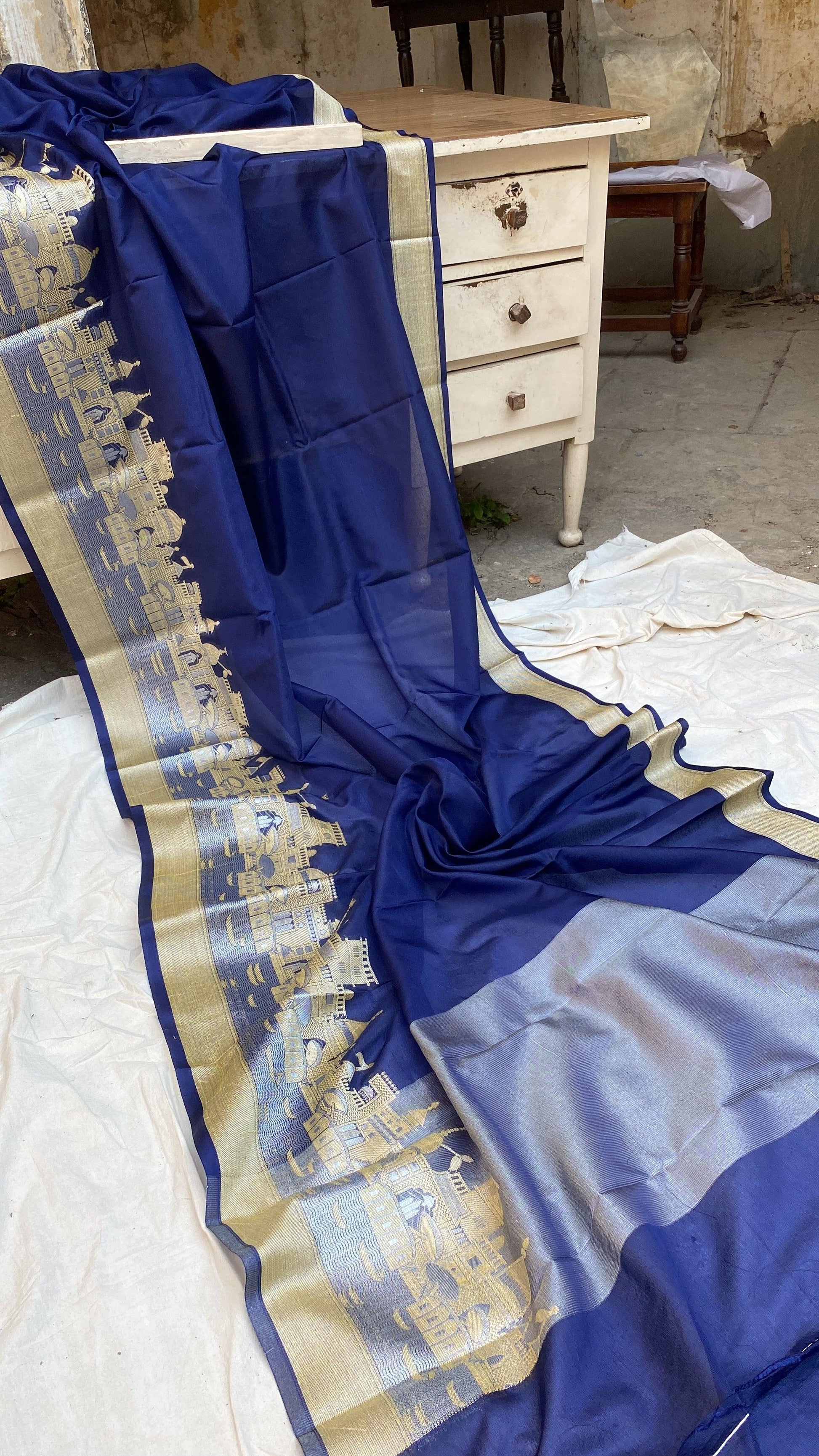 Benares Ghats Blue Pure Cotton Silk Banarasi Sari by Shades Of Benares - banarasi - banarasi saree shop