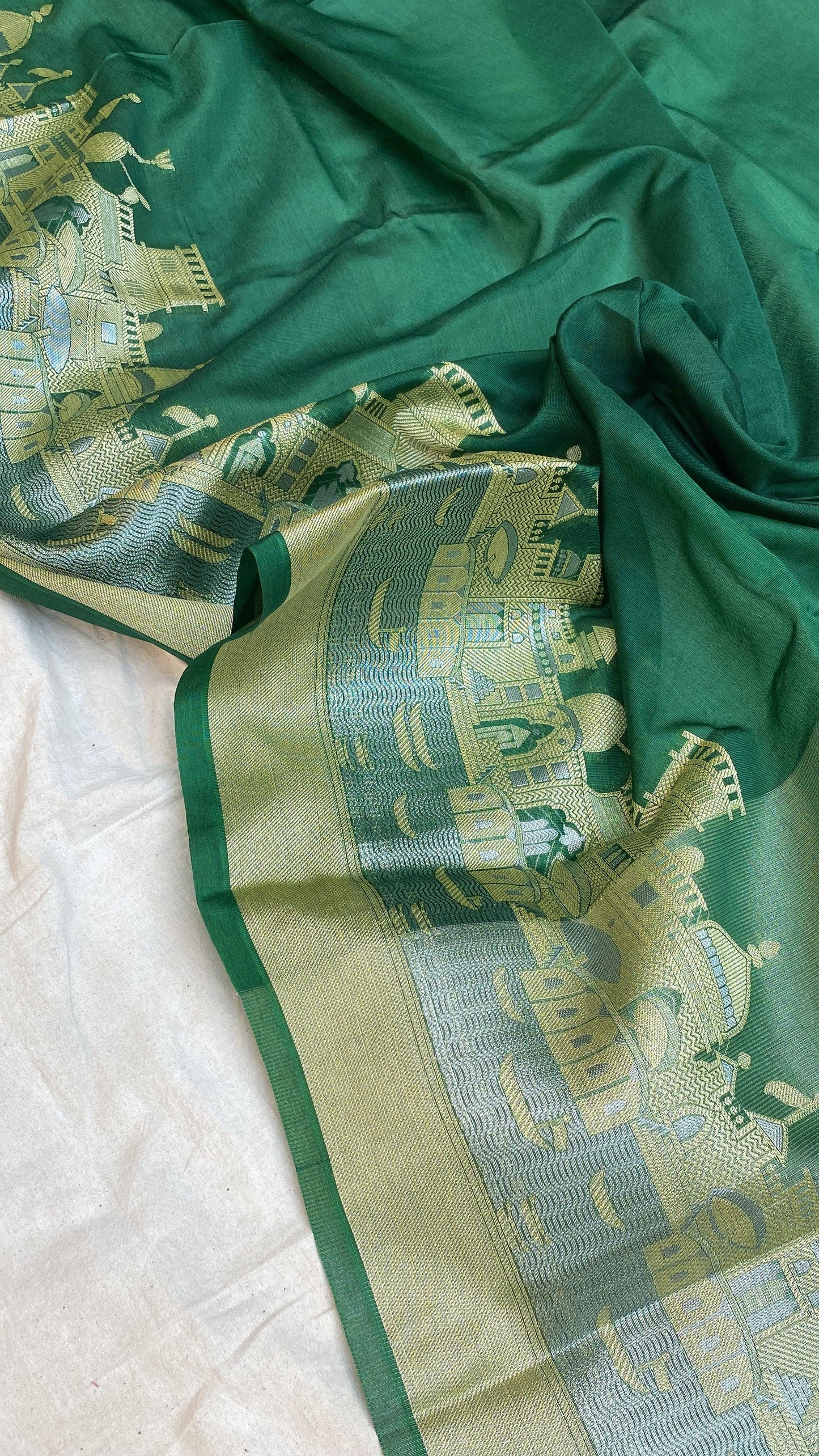 Benares Ghats Green Pure Cotton Silk Banarasi Sari by Shades Of Benares - banarasi - banarasi saree shop