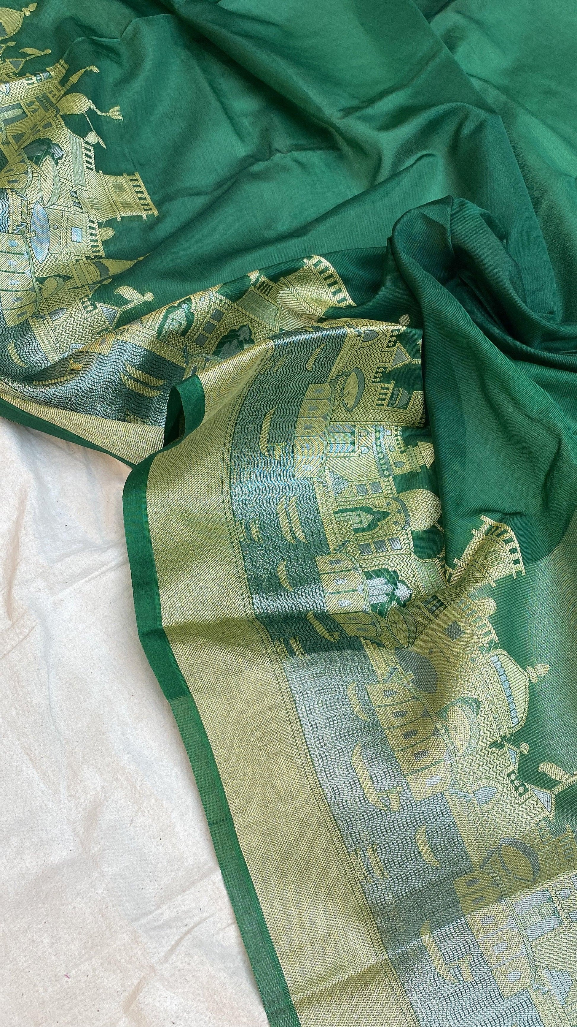 Benares Ghats Green Pure Cotton Silk Banarasi Sari by Shades Of Benares - banarasi - banarasi saree shop