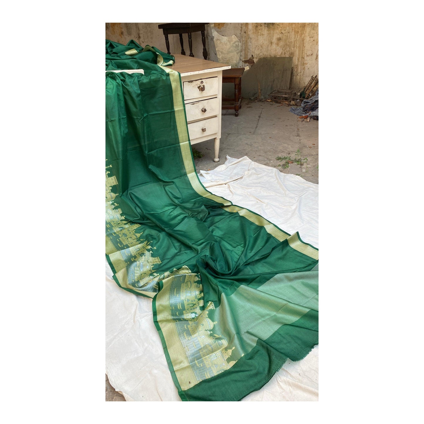 Benares Ghats Green Pure Cotton Silk Banarasi Sari by Shades Of Benares - banarasi - banarasi saree shop