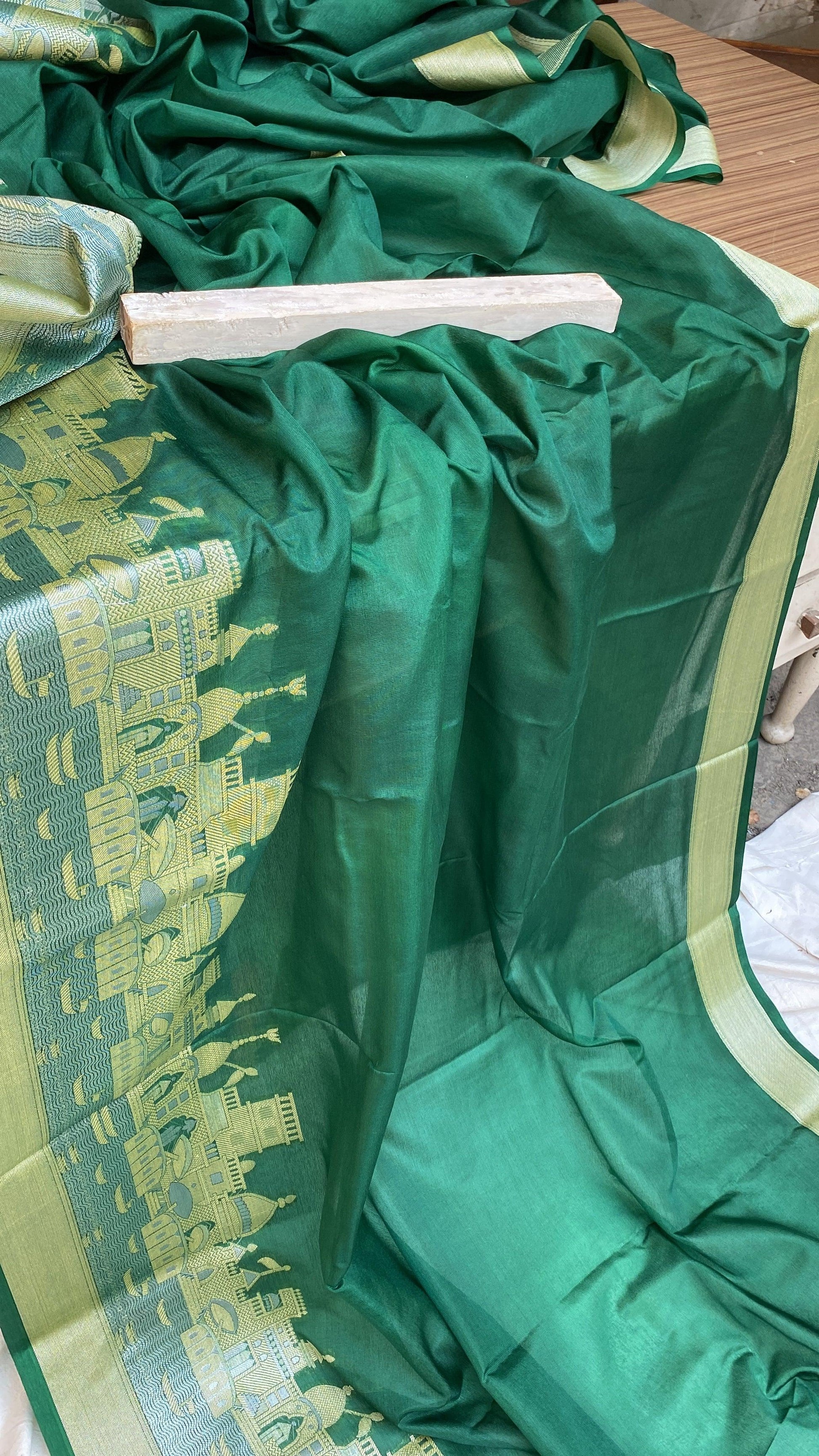 Benares Ghats Green Pure Cotton Silk Banarasi Sari by Shades Of Benares - banarasi - banarasi saree shop