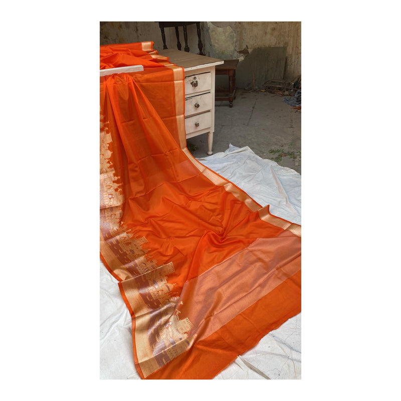 Benares Ghats Orange Pure Cotton Silk Banarasi Sari by Shades Of Benares - banarasi - banarasi saree shop