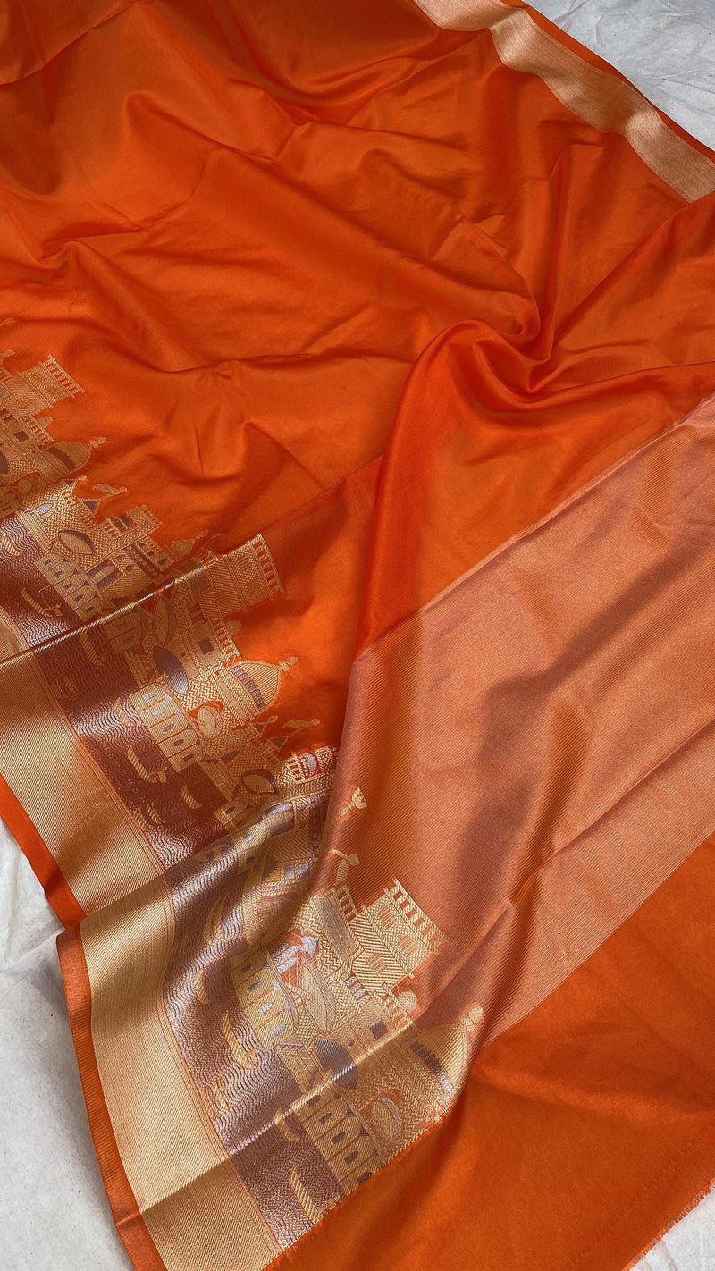 Benares Ghats Orange Pure Cotton Silk Banarasi Sari by Shades Of Benares - banarasi - banarasi saree shop