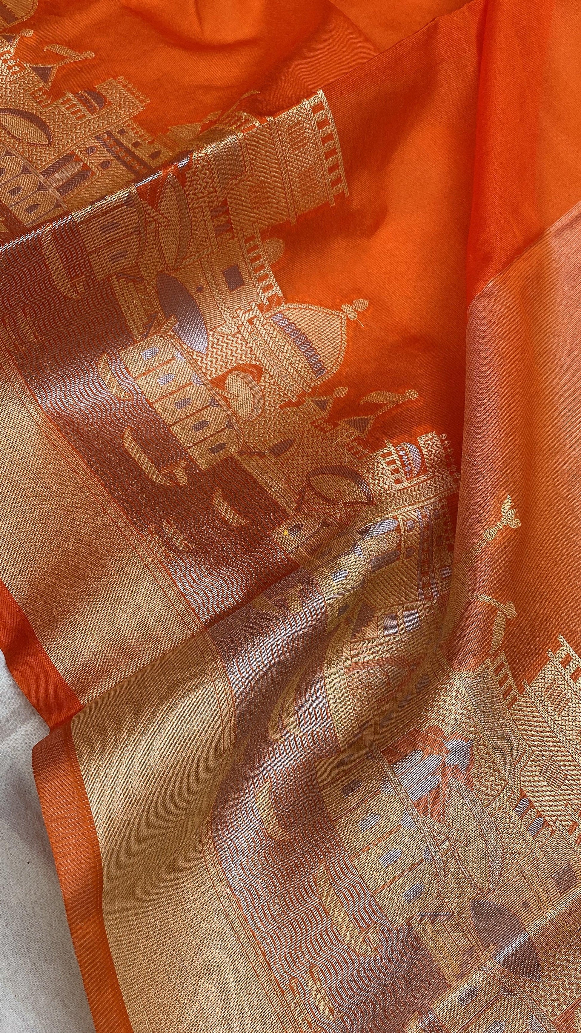 Benares Ghats Orange Pure Cotton Silk Banarasi Sari by Shades Of Benares - banarasi - banarasi saree shop