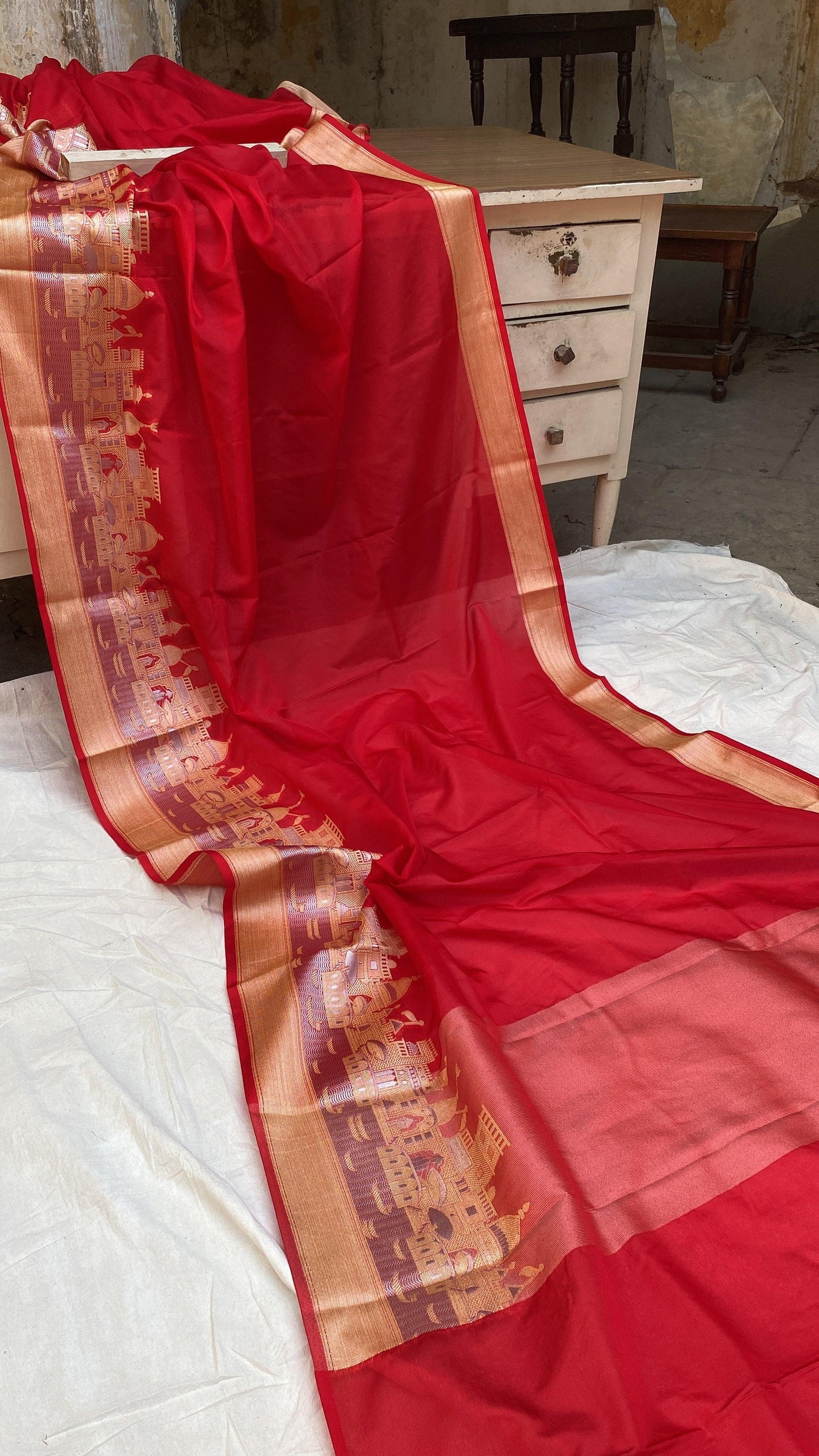 Benares Ghats Red Pure Cotton Silk Banarasi Sari by Shades Of Benares - banarasi - banarasi saree shop