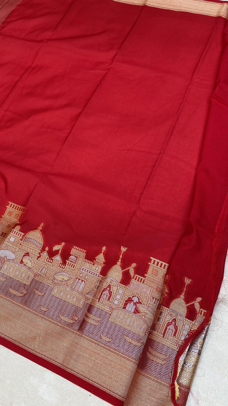 Benares Ghats Red Pure Cotton Silk Banarasi Sari - Shades Of Benares