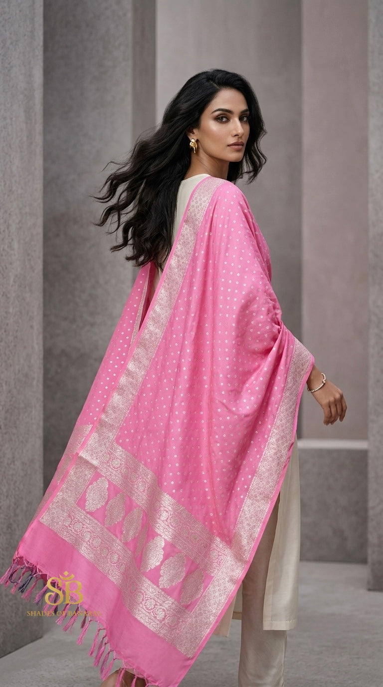 Blossom Rose Pink Couture Handloom Banarasi Katan Silk Dupatta - Shades of Banaras