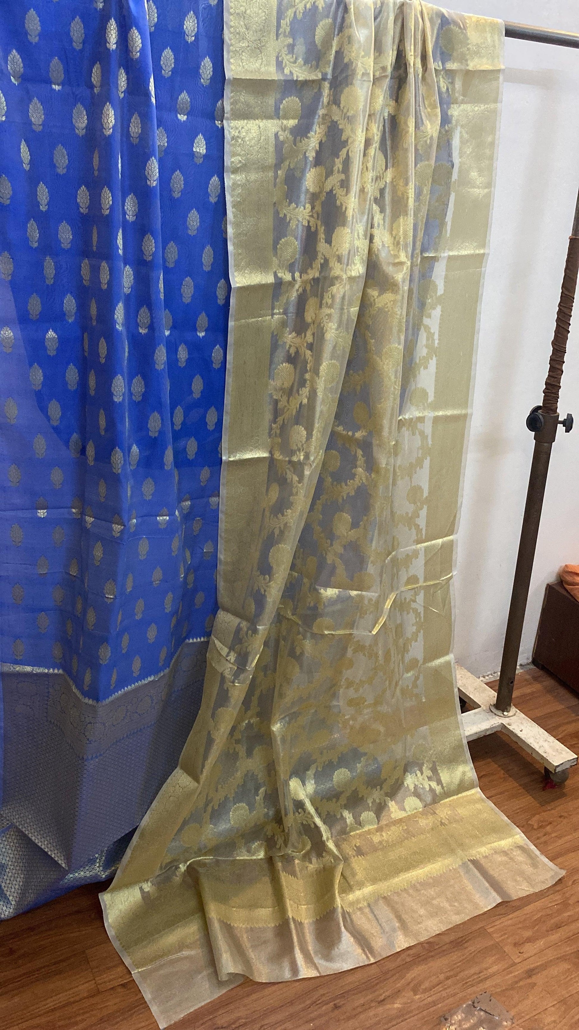 Blue Banarasi cotton handloom 3 pcs suit set with Tissue Dupatta by Shades Of Benares - banarasi - banarasi saree shop