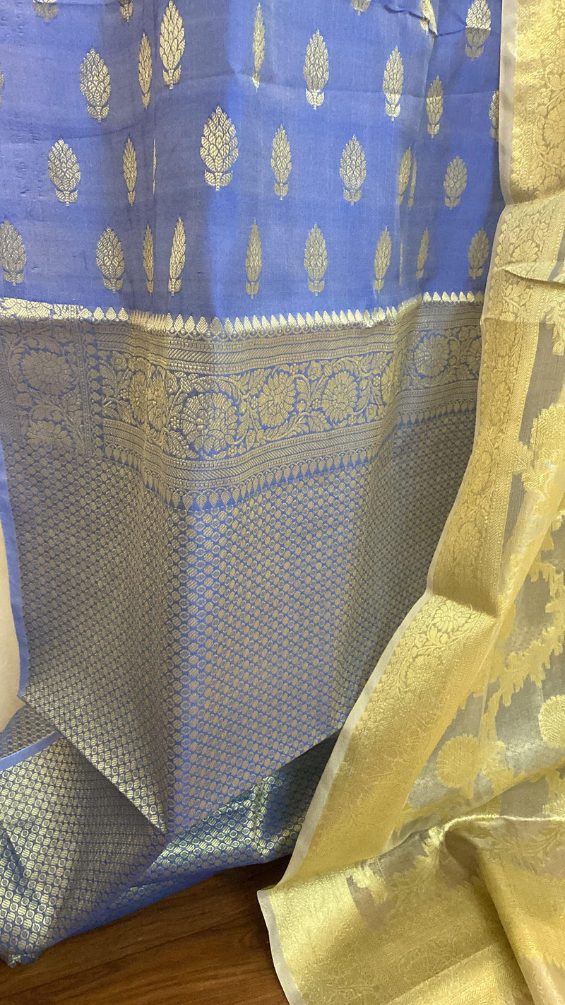 Blue Banarasi cotton handloom 3 pcs suit set with Tissue Dupatta - Shades Of Benares