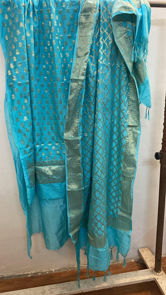 Blue Banarasi cotton silk handloom 3 pcs suit set by Shades Of Benares - banarasi - banarasi saree shop