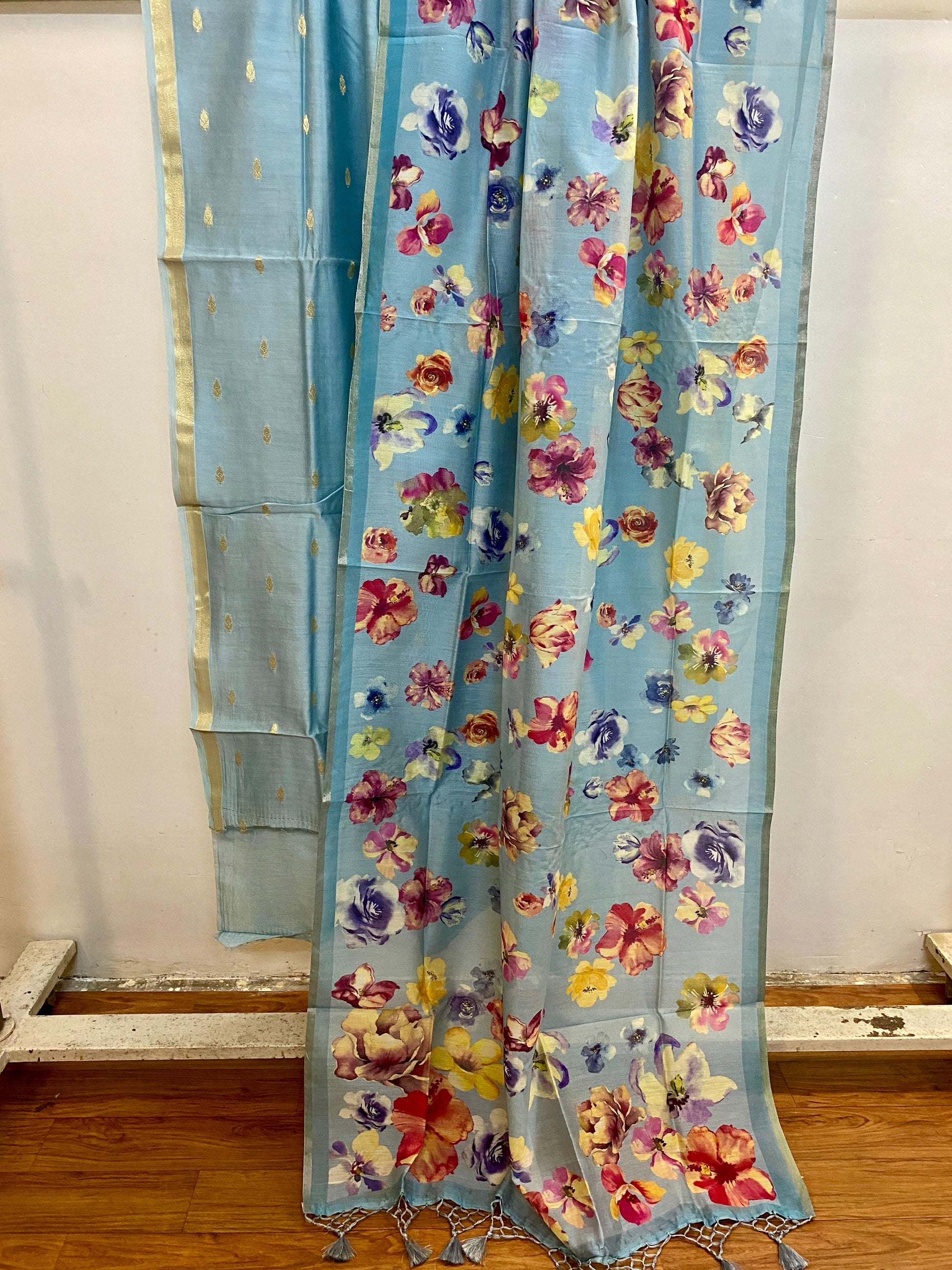 Blue Banarasi Pure cotton handloom 3 pcs suit set by MBSOB - banarasi - banarasi saree shop