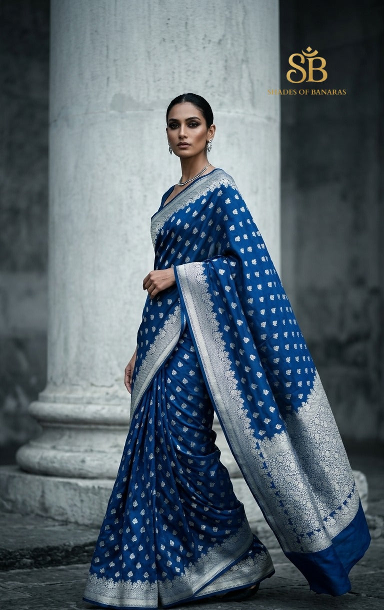 Blu Regale blue mango silk Banarasi saree with matt gold zari cutwork butis