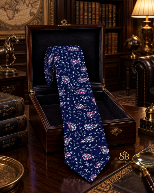 Blue pure silk Banarasi handloom necktie with hand printed paisley dot design - Shades of Banaras