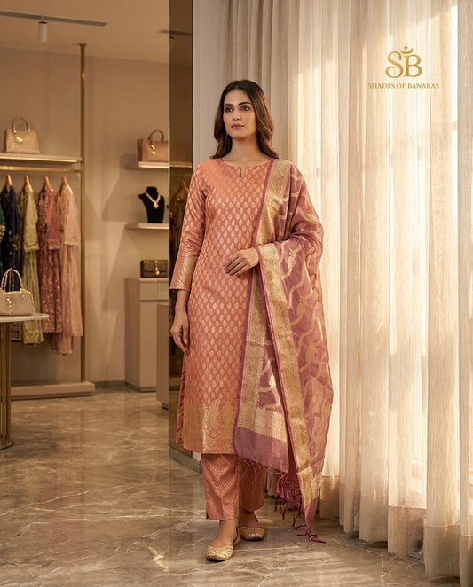 Blush peach pure cotton silk Banarasi handloom unstitched suit set in boutique