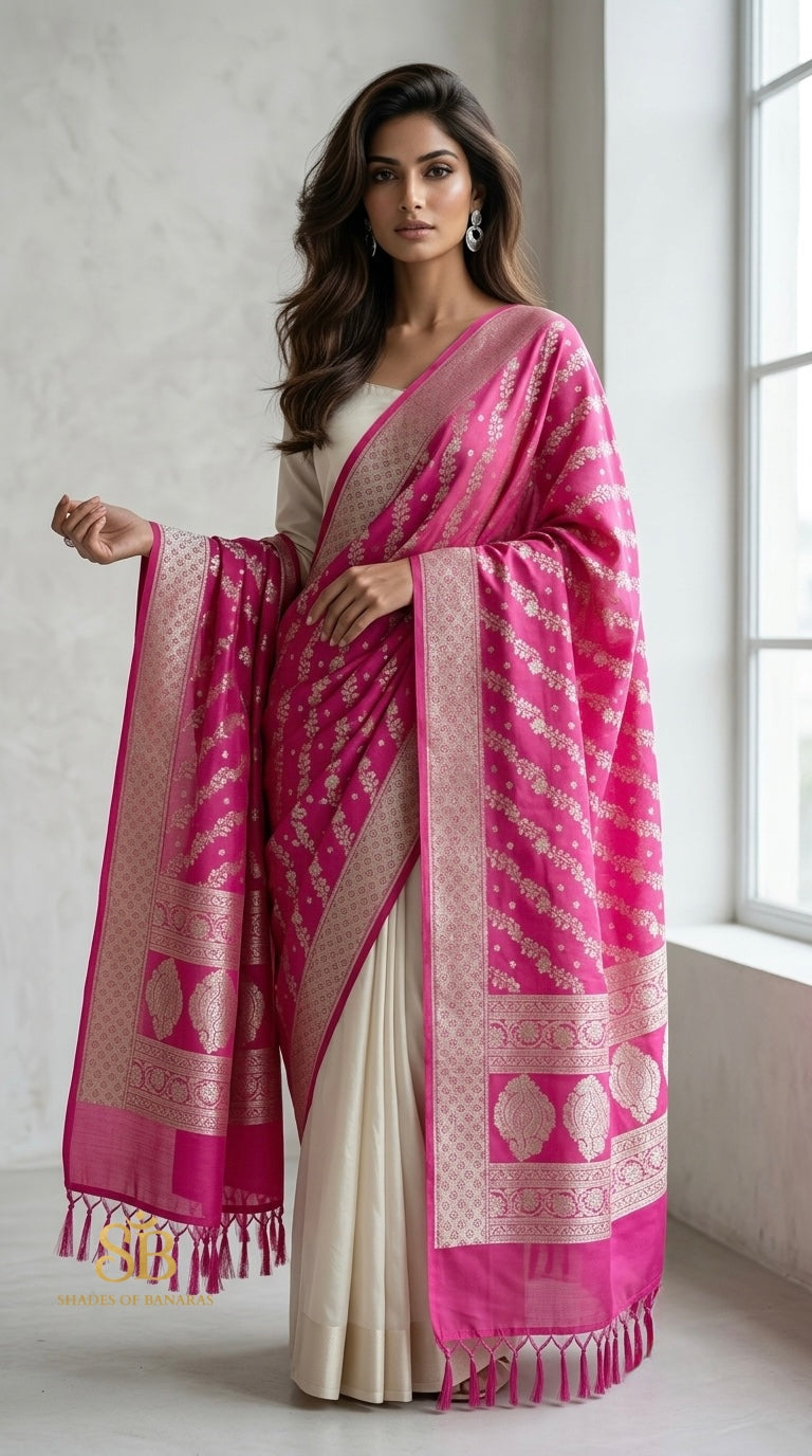 Blush Radiant Pink Couture Handloom Banarasi Katan Silk Dupatta - Shades of Banaras