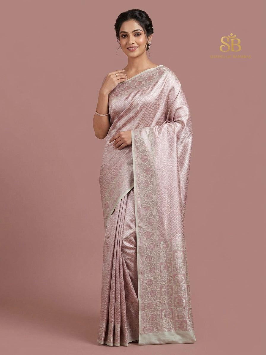 Blush rose silk brocade Banarasi handloom saree with self-tone weave