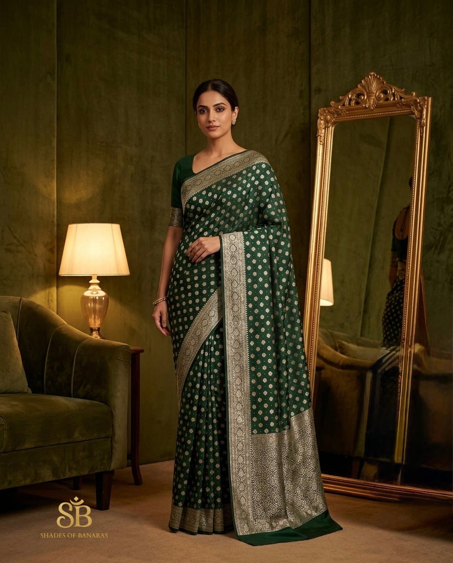 Emerald green pure Katan silk Banarasi handloom saree with gold booti weave