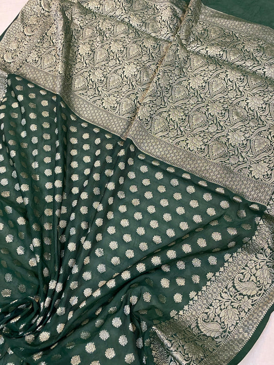 Bottle Green Handloom Cotton Silk Banarasi Sari - Perfect for Party Wear by Shades Of Benares - banarasi - banarasi saree shop