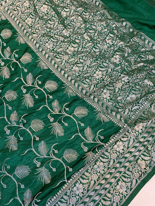 Bottle Green Handloom Crepe Butter Silk Banarasi Sari by Shades Of Benares - banarasi - banarasi saree shop