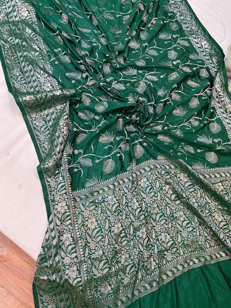 Bottle Green Handloom Crepe Butter Silk Banarasi Sari - Shades Of Benares