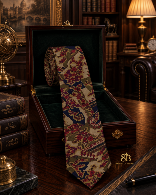 Brown pure silk Banarasi handloom necktie with hand printed floral trail design - Shades of Banaras