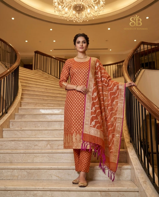 Burnt rust pure cotton silk Banarasi handloom unstitched suit set on staircase