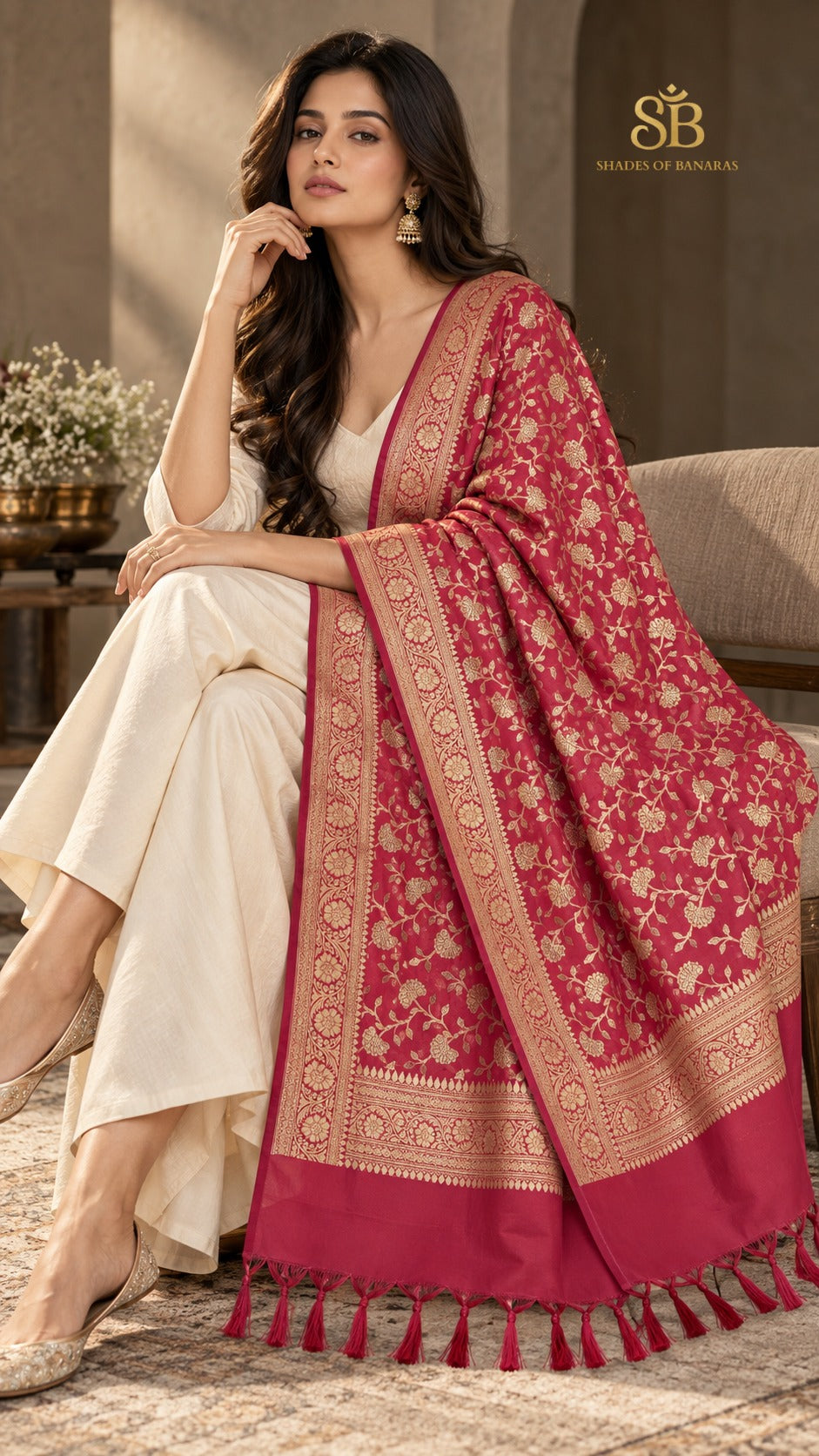Camellia rose pink katan soft silk Banarasi handloom dupatta with all-over cutwork jaal from Banaras, styled over a cream suit