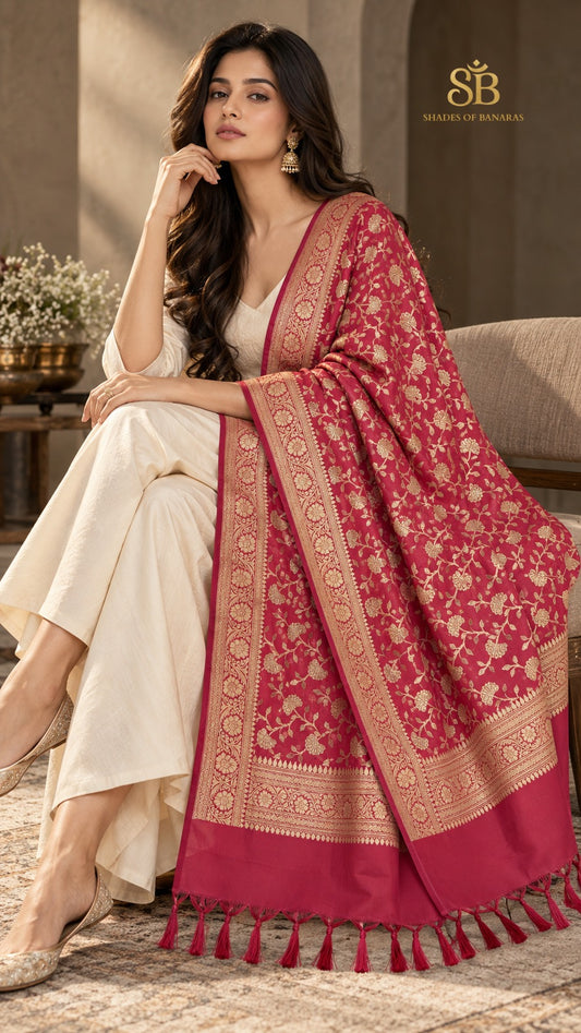 Camellia rose pink katan soft silk Banarasi handloom dupatta with all-over cutwork jaal from Banaras, styled over a cream suit