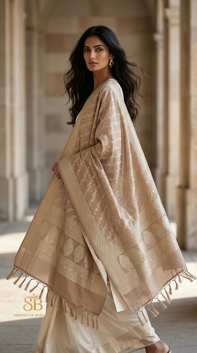 Champagne Beige Luxe Handloom Banarasi Katan Silk Dupatta - Shades of Banaras