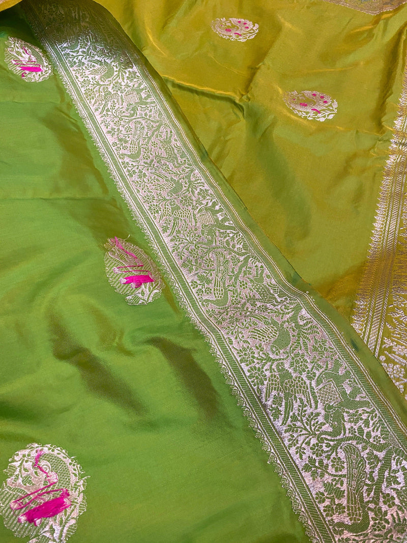 Charming Green Kadhwa Handloom Shikargaah Pure Silk Banarasi Sari by Shades Of Benares - banarasi - banarasi saree shop
