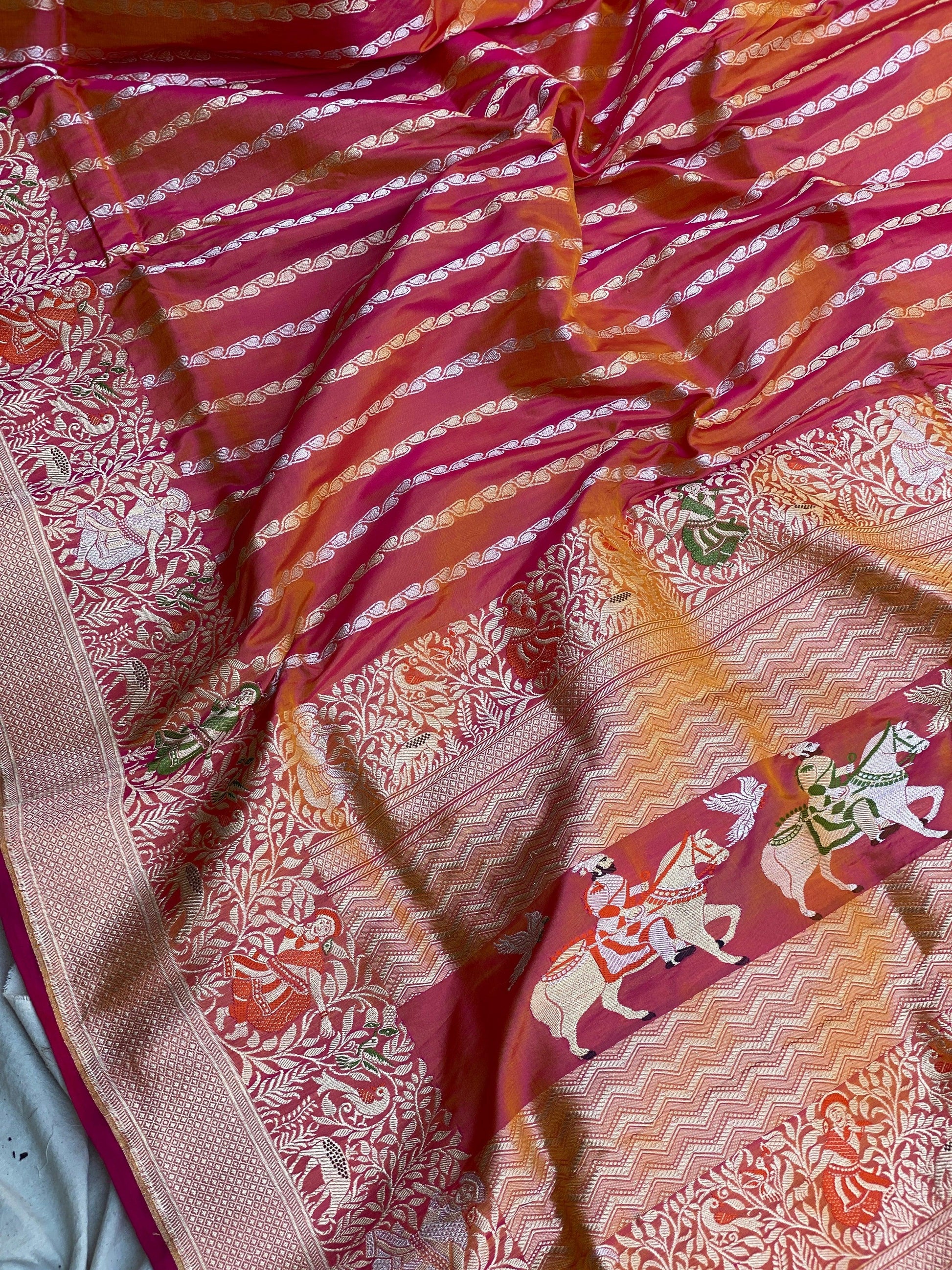 Charming Pink Short Color Banarasi Silk Saree with Shikargaah Weave and Kadhwa Sona Rupa Stripes by Shades Of Benares - banarasi - banarasi saree shop