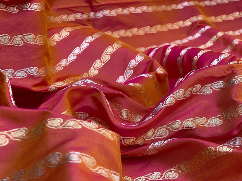 Charming Pink Short Color Banarasi Silk Saree with Shikargaah Weave and Kadhwa Sona Rupa Stripes by Shades Of Benares - banarasi - banarasi saree shop