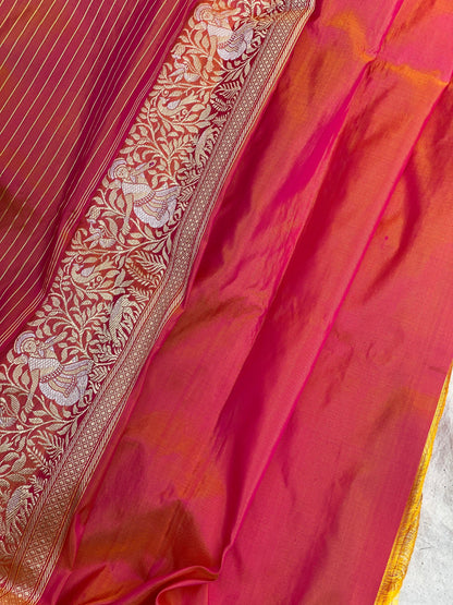 Charming Pink Short Color Banarasi Silk Saree with Shikargaah Weave and Kadhwa Sona Rupa Stripes by Shades Of Benares - banarasi - banarasi saree shop