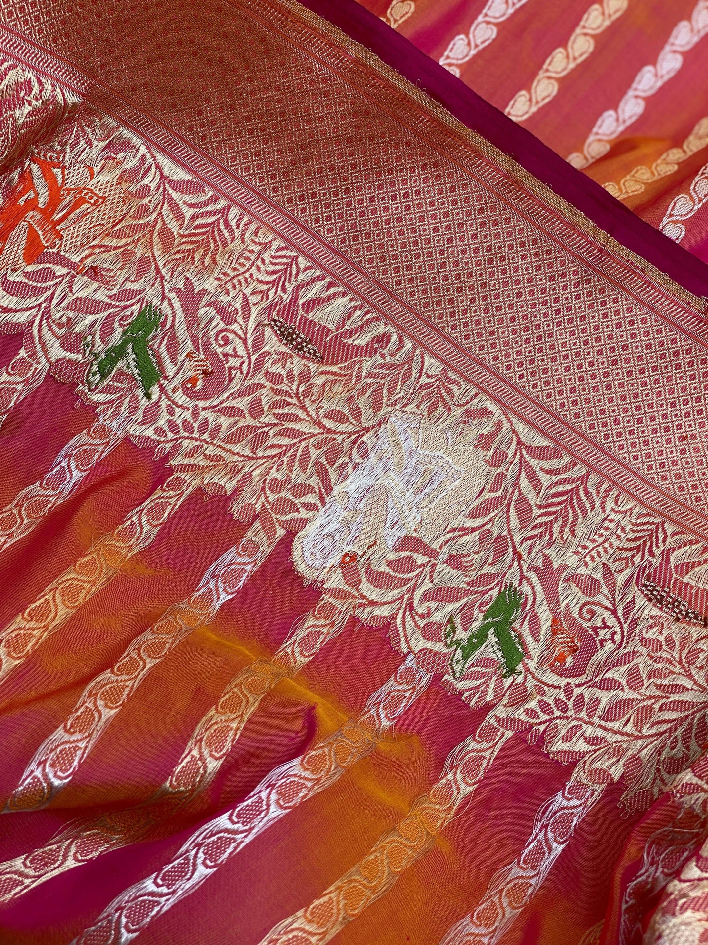 Charming Pink Short Color Banarasi Silk Saree with Shikargaah Weave and Kadhwa Sona Rupa Stripes by Shades Of Benares - banarasi - banarasi saree shop