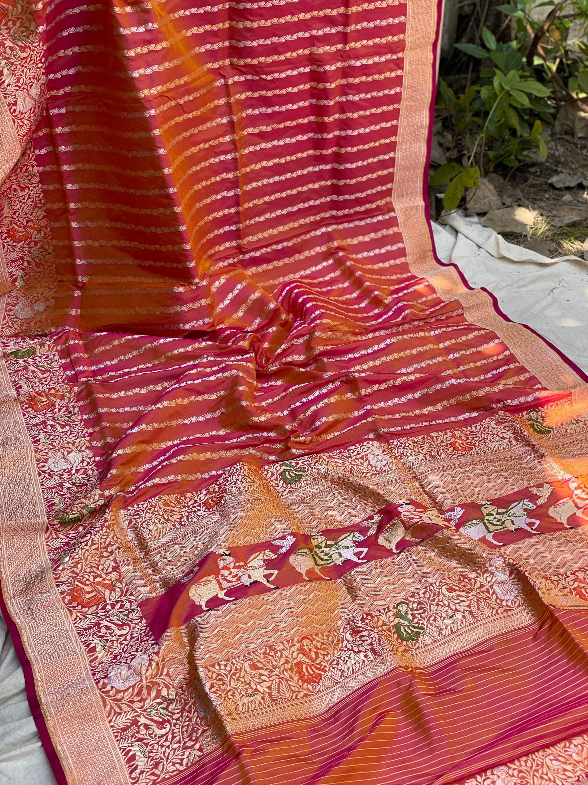 Charming Pink Short Color Banarasi Silk Saree with Shikargaah Weave and Kadhwa Sona Rupa Stripes by Shades Of Benares - banarasi - banarasi saree shop