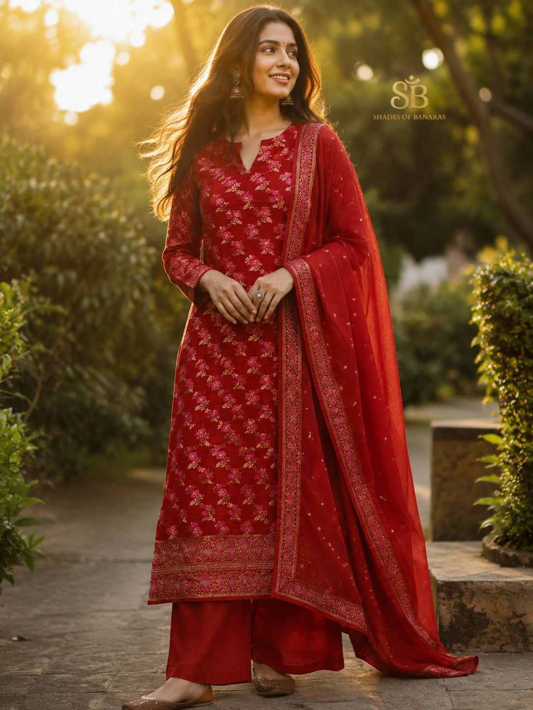 Passionate Cherry Red Pure Cotton Silk Banarasi Suit Set - Shades of Banaras