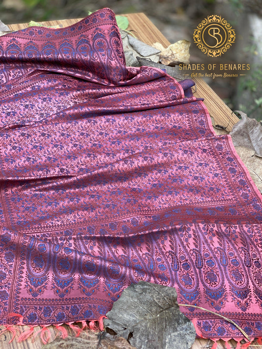 Classy Peach and Blue Handloom Printed Banarasi Silk Scarf by Shades Of Benares - banarasi - banarasi saree shop