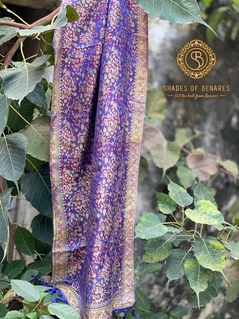 Classy Purple Handloom Printed Banarasi Silk Scarf - Shades Of Benares