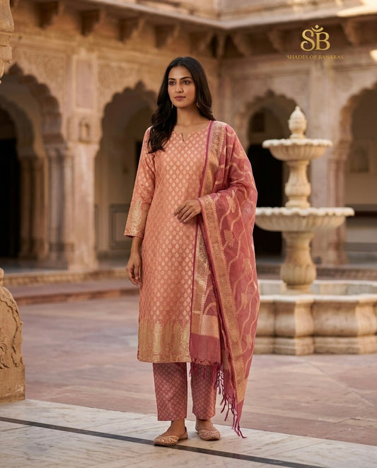 Coral Peach pure cotton silk Banarasi handloom unstitched suit set