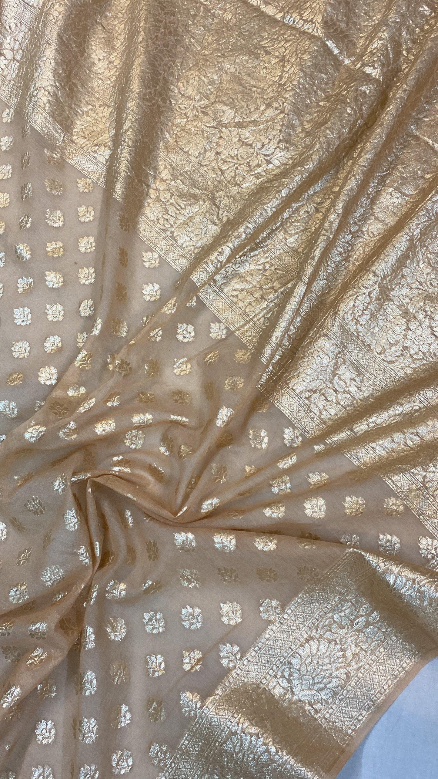 Creme Handloom Cotton Silk Banarasi Sari by Shades Of Benares - banarasi - banarasi saree shop